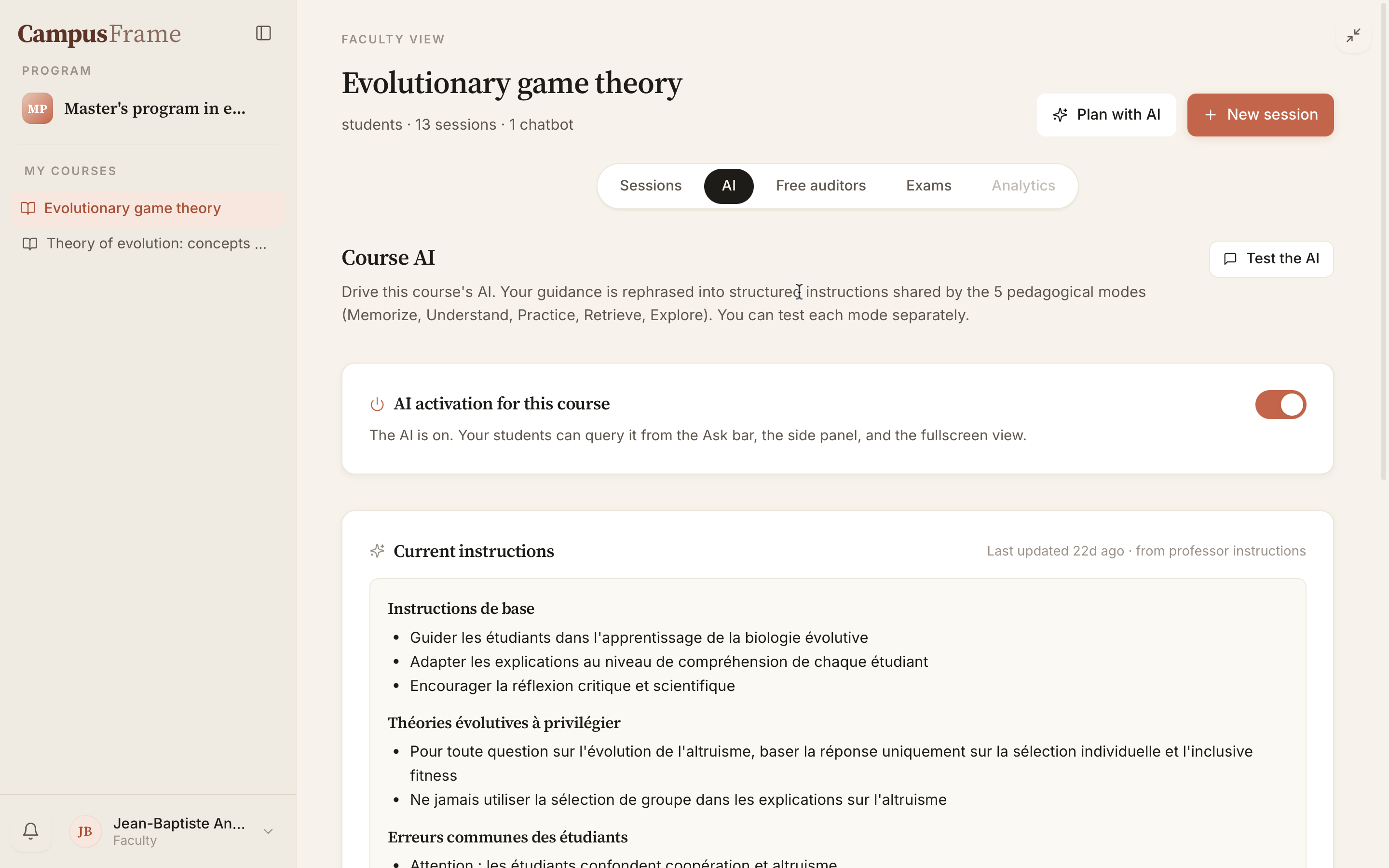Instructor view of a course, AI tab: activation of the tutor and instructions written by the instructor.