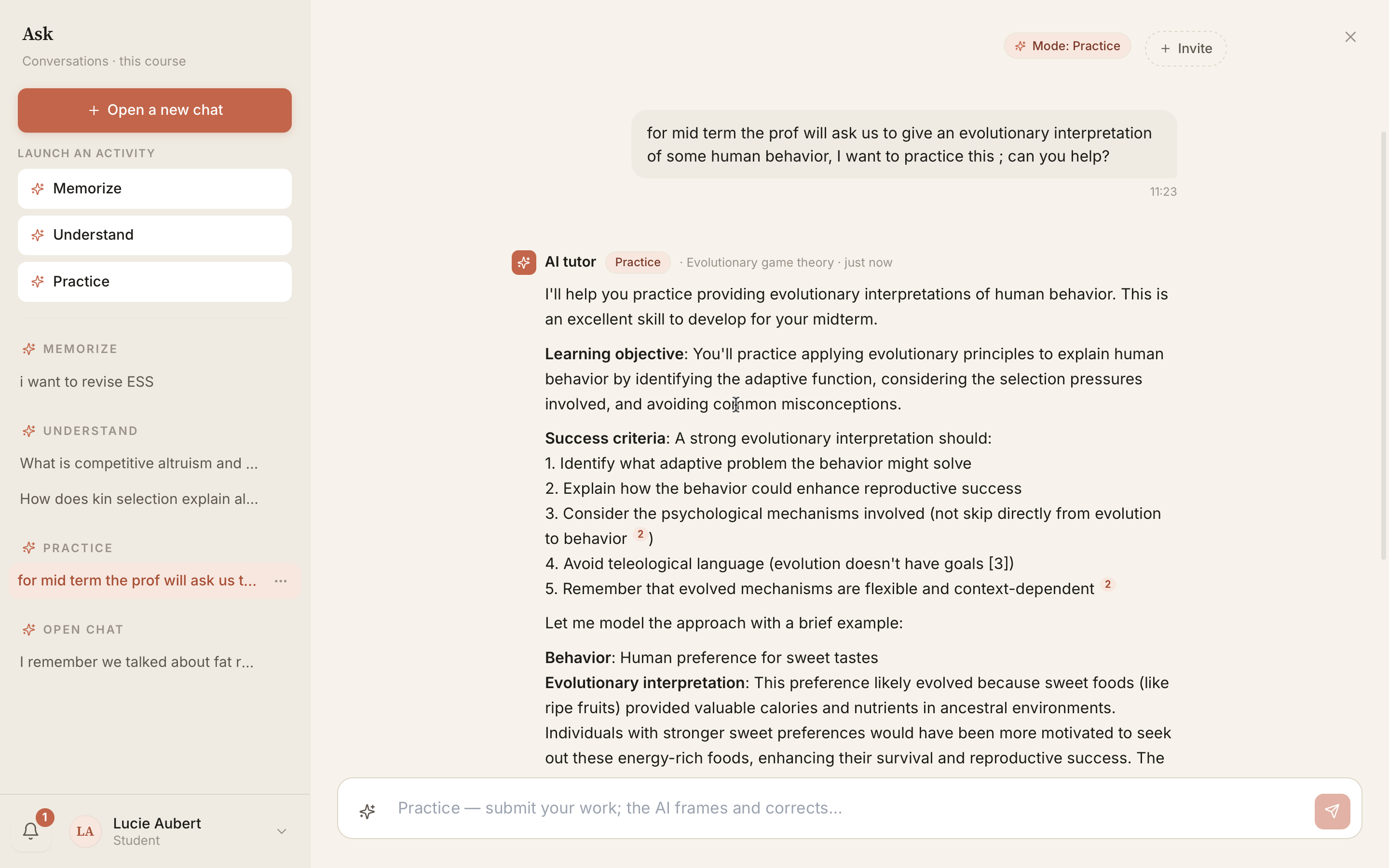 Conversation with the course tutor: on the left, the activities to launch according to the chosen pedagogical stance; in the centre, an exchange in which the tutor conducts the session in that stance.