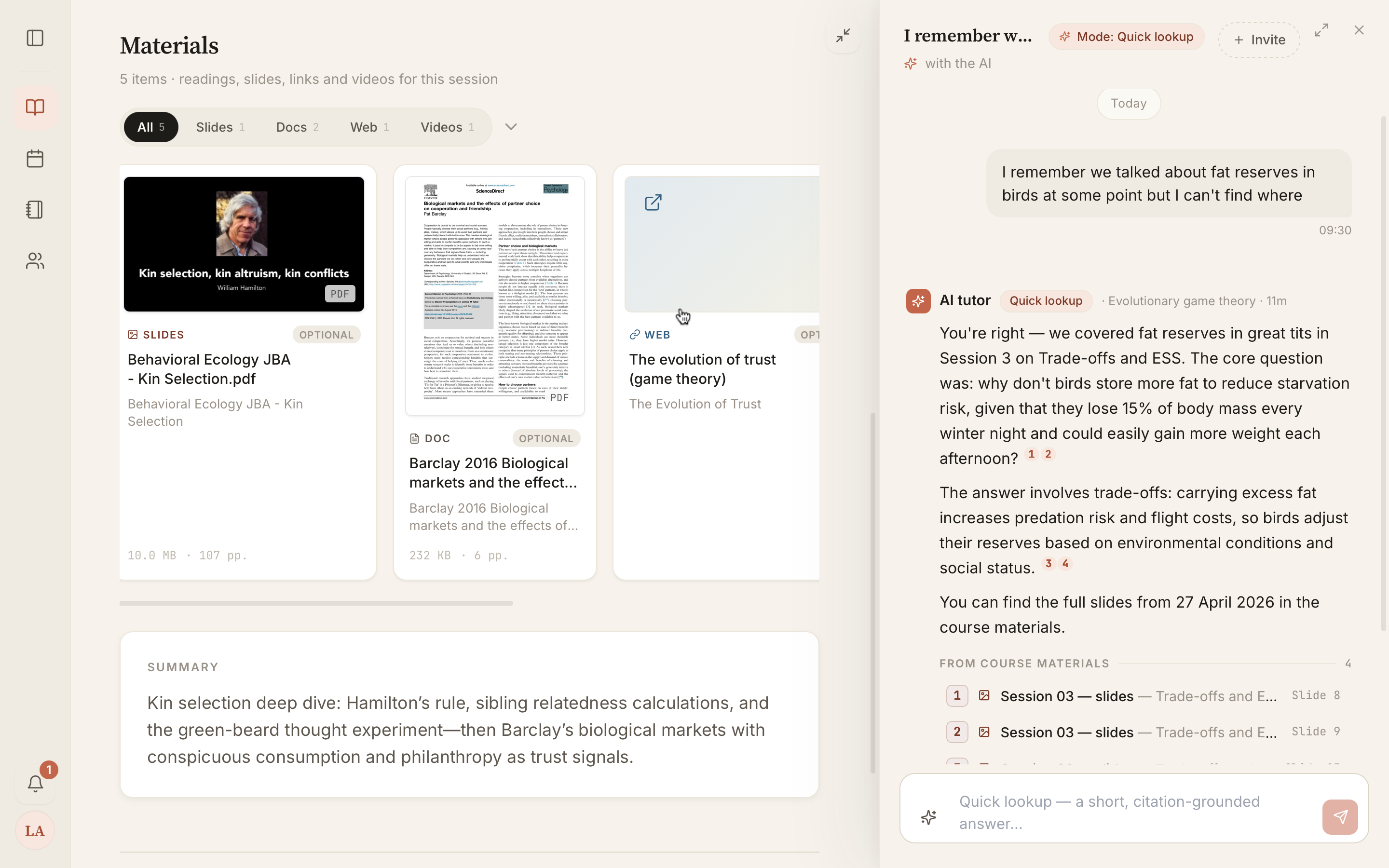 A student's work environment: on the left, a session's materials (slides, documents, videos, web resources); on the right, the course AI tutor, each answer traceable back to its source.