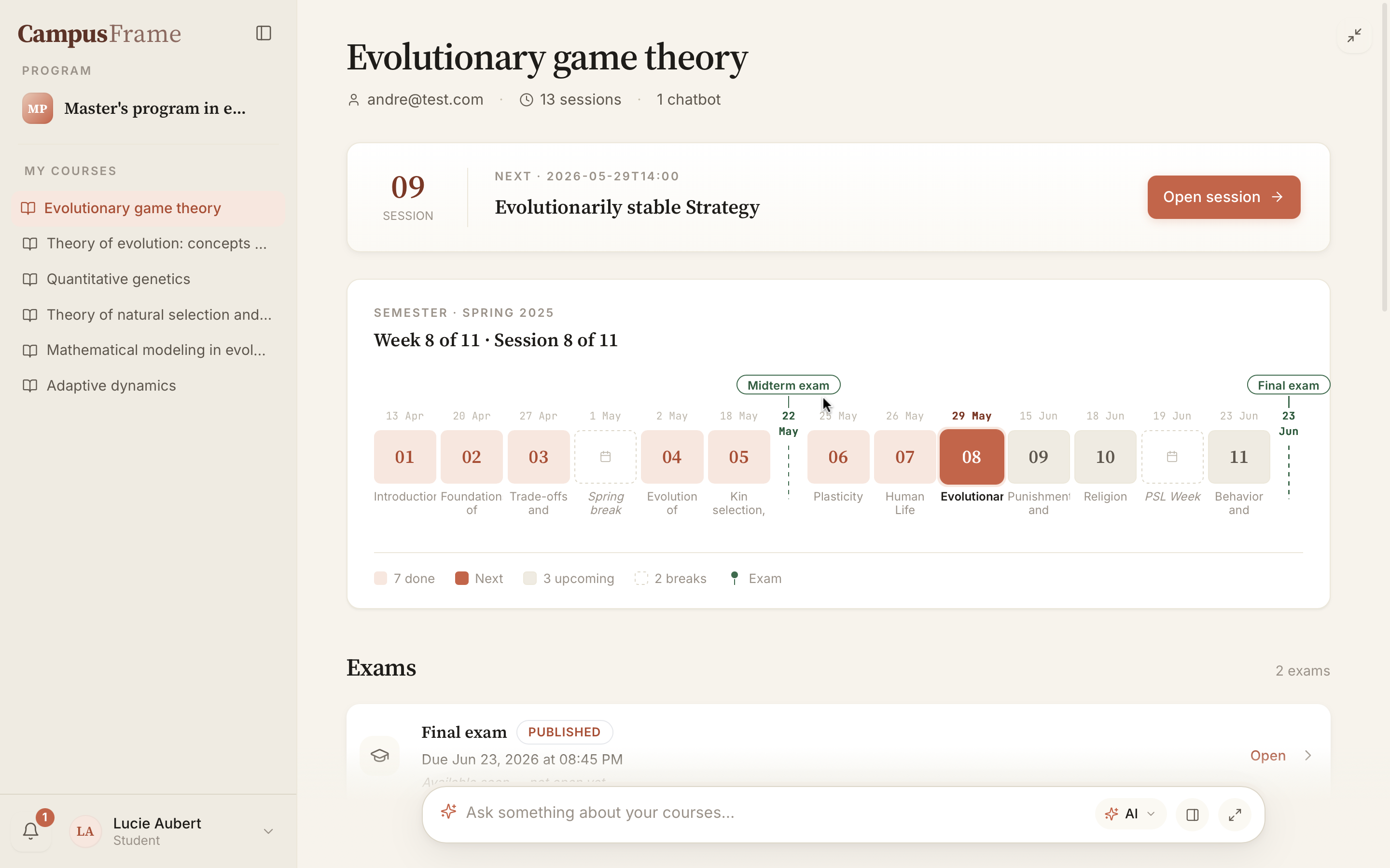 A course home page, student view: sidebar navigation across the program's courses, semester timeline, list of sessions, and Ask bar.